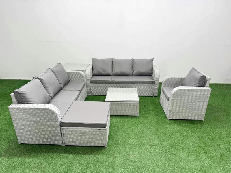 Fimous 8 Seater Poly Rattan Outdoor Garden Set, Square Coffee Table, 2x 3 Seater Sofas, Reclining Chair, Big Footstool and Side Table, Light Grey