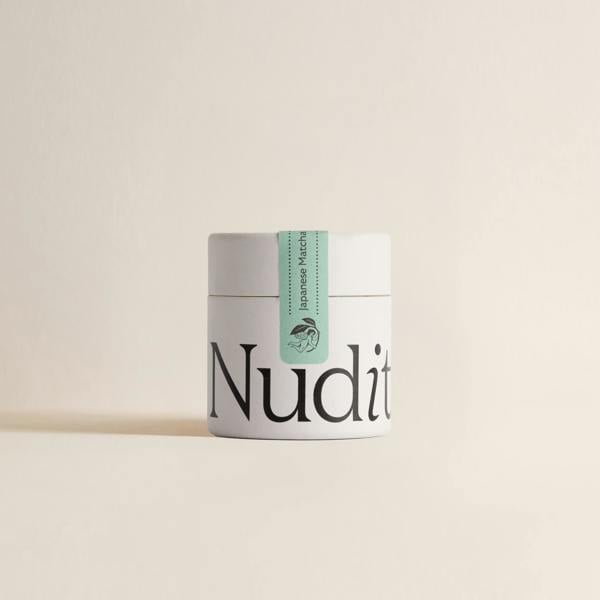 Nuditea Japanese Matcha - Ceremonial Grade Matcha Green Tea Powder - Premium Japanese Matcha for tea rituals and matcha lattes. Sustainable, recyclable, plastic-free packaging highlighting vibrant, antioxidant-rich green tea.