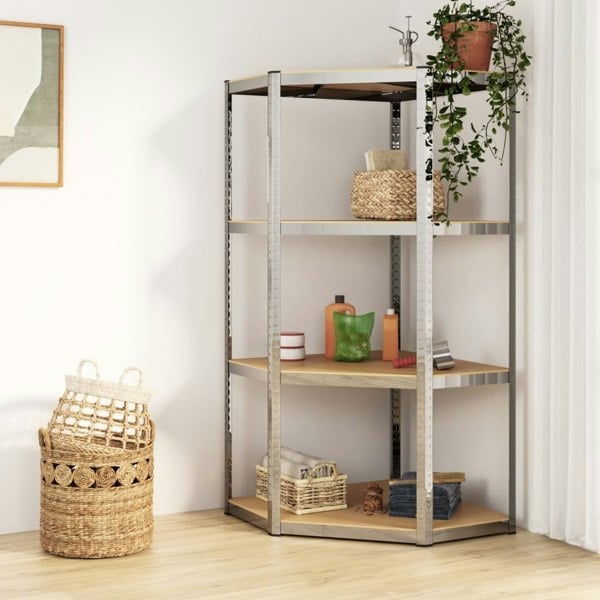 Berkfield 4-Layer Corner Shelf Silver Steel&Engineered Wood