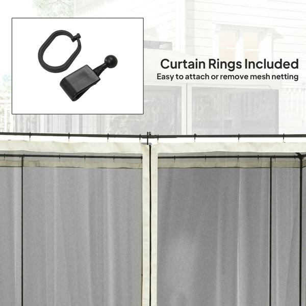 Cream white mesh sidewall netting with curtain rings and black top fastening clips