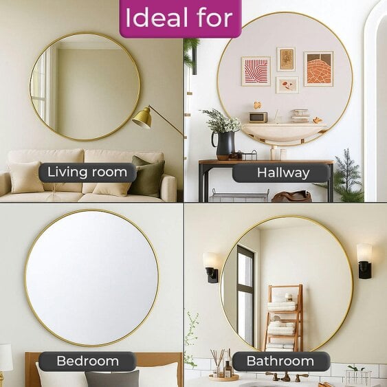 Neo 70cm Gold Round Metal Frame Wall Mirror Float Glass HD Reflection Anti-Rust Moisture-Proof Wall Mounted Bathroom Bedroom Hallway Living Room