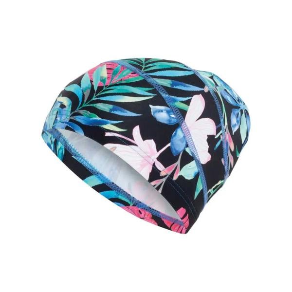 Fashy fabric swim cap with floral print for long hair, vibrant colors