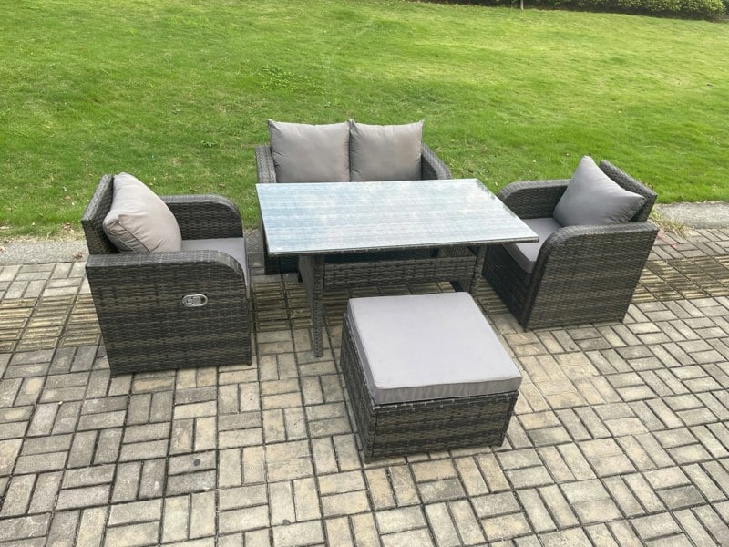Fimous Outdoor Rattan Garden Furniture Lounge Sofa Set With Oblong Rectangular Dining Table 2 PC Reclining Chair Big Footstool