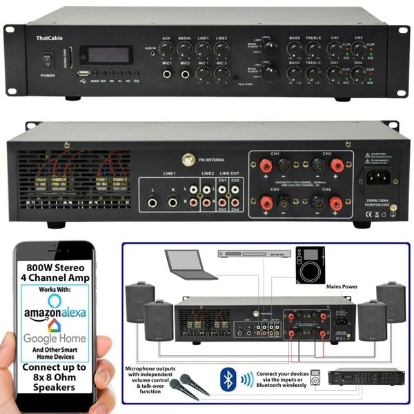 800W Bluetooth Sound System 8x 200W White Wall Speaker 4 Zone Matrix Amplifier