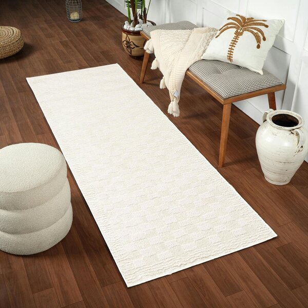 Livabliss Freud FEU2327 Modern Ivory Off-White High Pile Checkered Rug - 80 x 220 cm