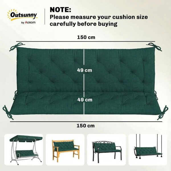 3 Seater Bench Cushion, Garden Chair Cushion with Back and Ties for Indoor and Outdoor Use, 98 x 150 cm, Green