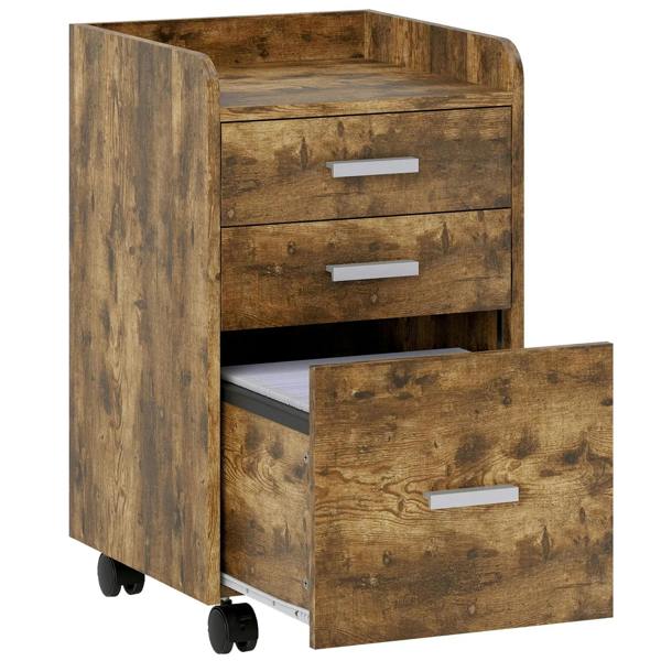 Rustic brown rolling 3-drawer filing cabinet with wheels and hanging-file drawer fronts