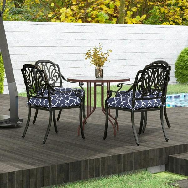 4-piece patio chair cushion pillows in navy blue with white geometric pattern and tie straps