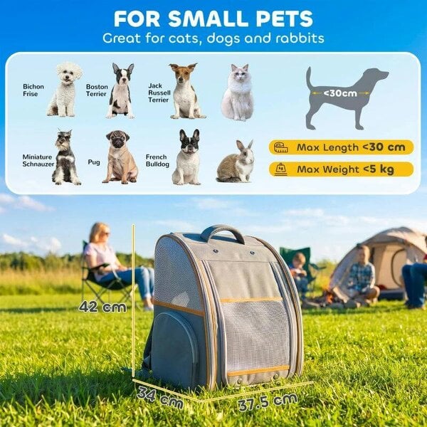 Pet Backpack Carrier, Foldable Pet Carrier Backpack for Mini Dogs Cats Up to 5 kg, with Mesh Window, Grey