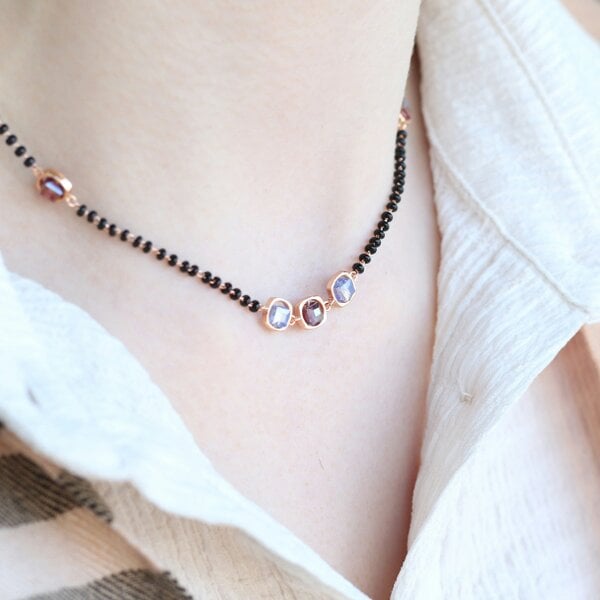The Colourful Aura Black bead 18ct gold plated blue stone slim mangalsutra Pendant Necklace