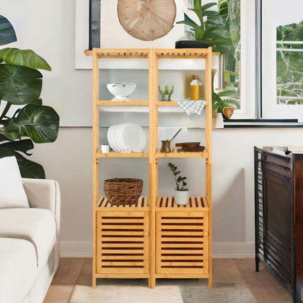 BMBO Tall Bathroom Storage Cupboard With 3 Shelves Natural Brown