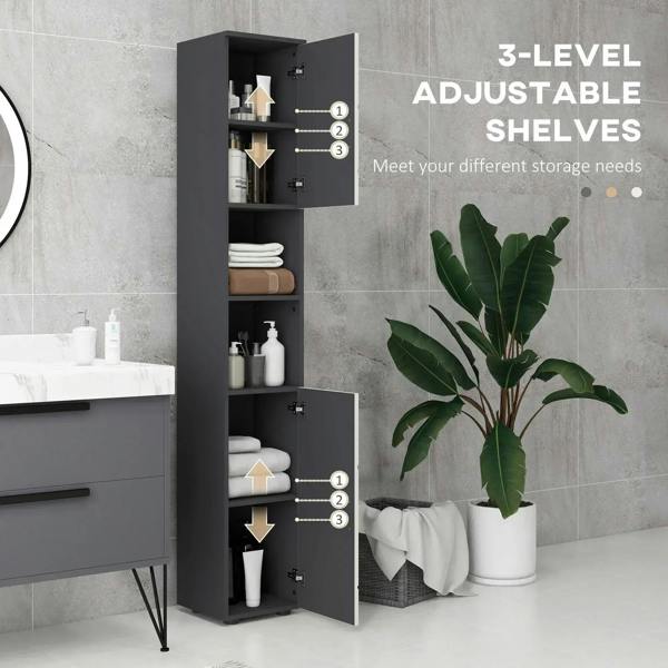 Grey tall bathroom cabinet with three adjustable shelves and open door, panelled fronts