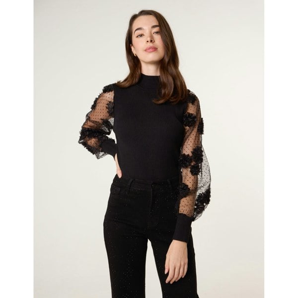 Blue Vanilla Turtle Neck Jumper With Mesh Polka Dot And Flower Detailed Sleeves