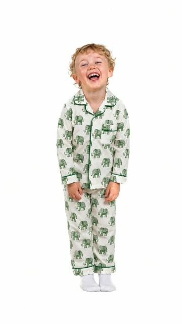 Kids Elephant print pyjamas in woodblock print cotton voile. Available in pink, blue & Green