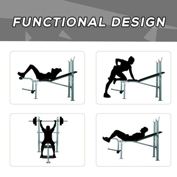 Adjustable weight bench with barbell rack shown with workout position diagrams