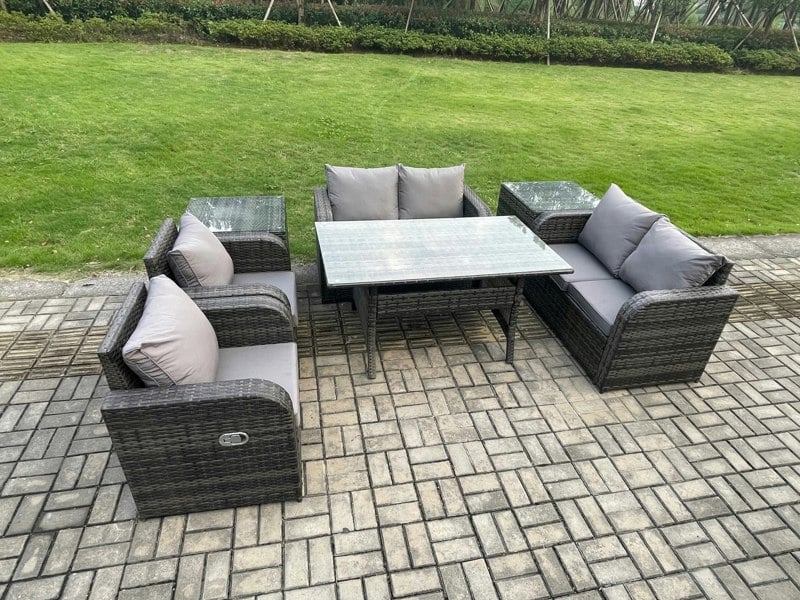 Fimous Rattan Outdoor Furniture Garden Dining Set Rectangular Table and Chair Sofa Set With 2 PC Side Tables Dark Grey Mixed