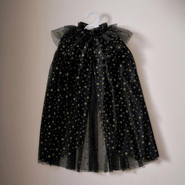 Black tulle witch dress-up cape with gold foil stars hanging on a white clothes hanger.