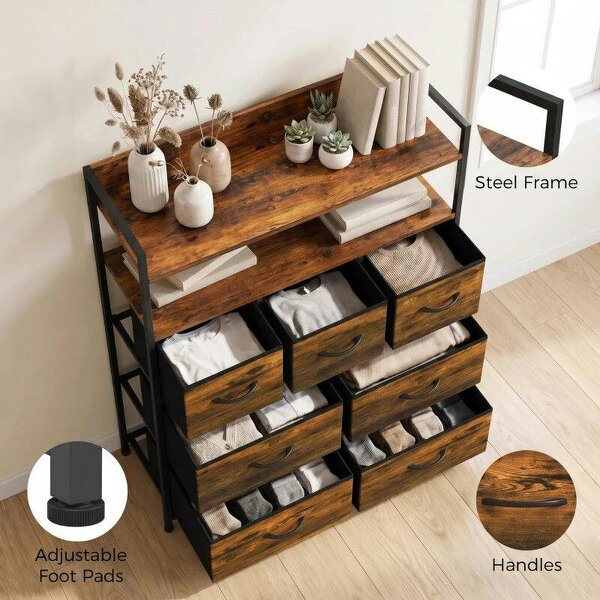 Chest of Drawers, Bedroom Fabric Dresser with 7 Drawers, Storage Organiser Unit with Open Shelves, Rustic Brown