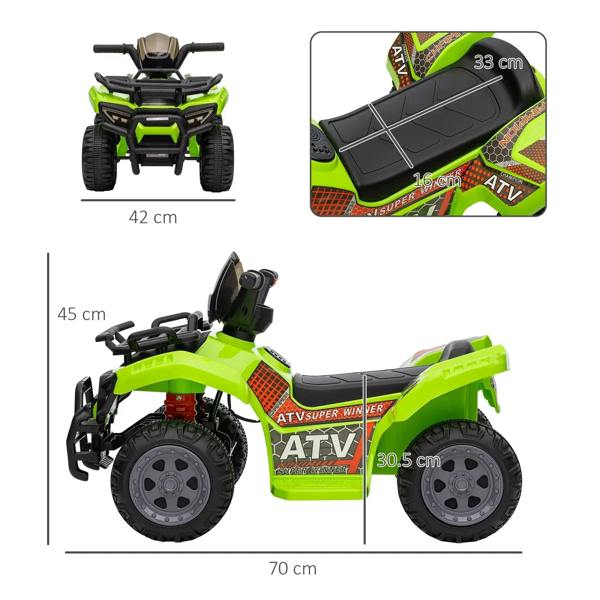 Green kids electric ride-on quad bike with black wheels, handlebars, and seat on size diagram