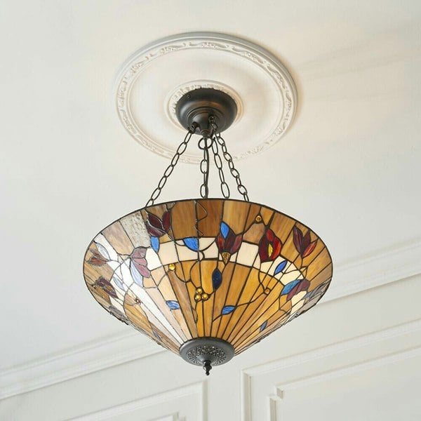 Large Tiffany Glass Pendant Light - Dark Bronze Finish - 3 x 60W E27 GLS Needed Loops