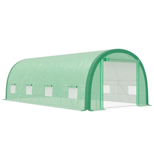 Green polytunnel greenhouse with mesh door and translucent arched fabric cover