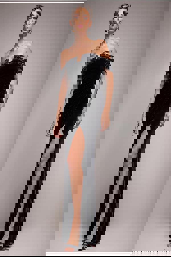 Off Shoulder Hotfix Diamante Wing Velvet Maxi Dress - Black DR4484