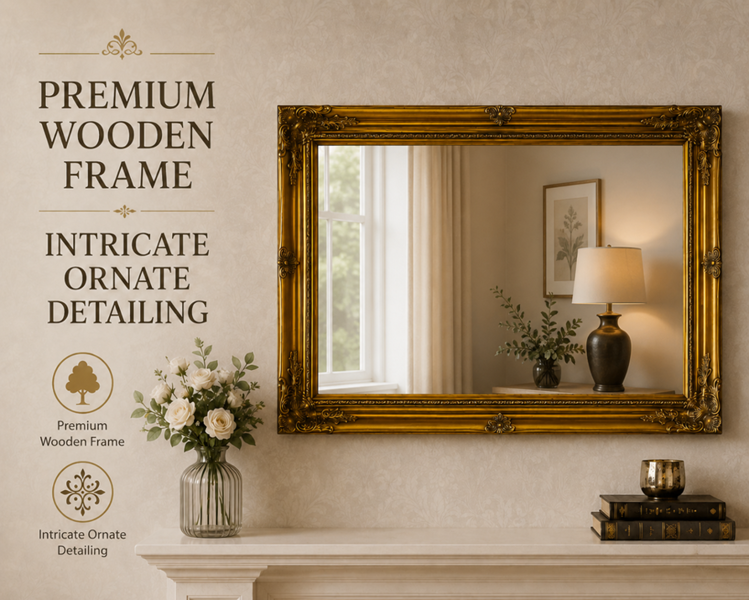Downton Interiors Large Antique Gold Wood Frame Wall Mirror 90cm x 65cm
