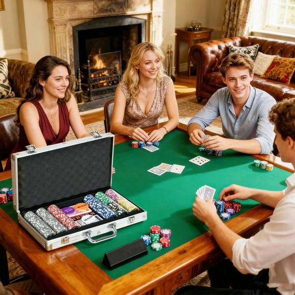 Friends playing poker at table with open silver chip case and scattered playing cards