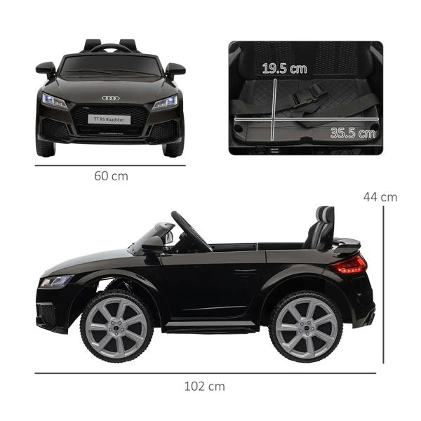 Black Audi TT RS ride-on car with front/side views and size dimensions