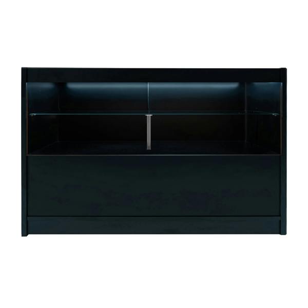 Sleek black LED retail shop counter C1500 with a glossy finish, spacious interior, and illuminated display area for products