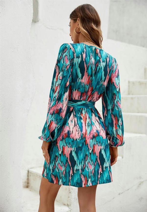 FS Collection Teal & Pink Tie Dye Print Wrap Mini Dress In Green