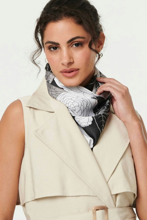 Black | Floral Border Print Satin Square Scarf
