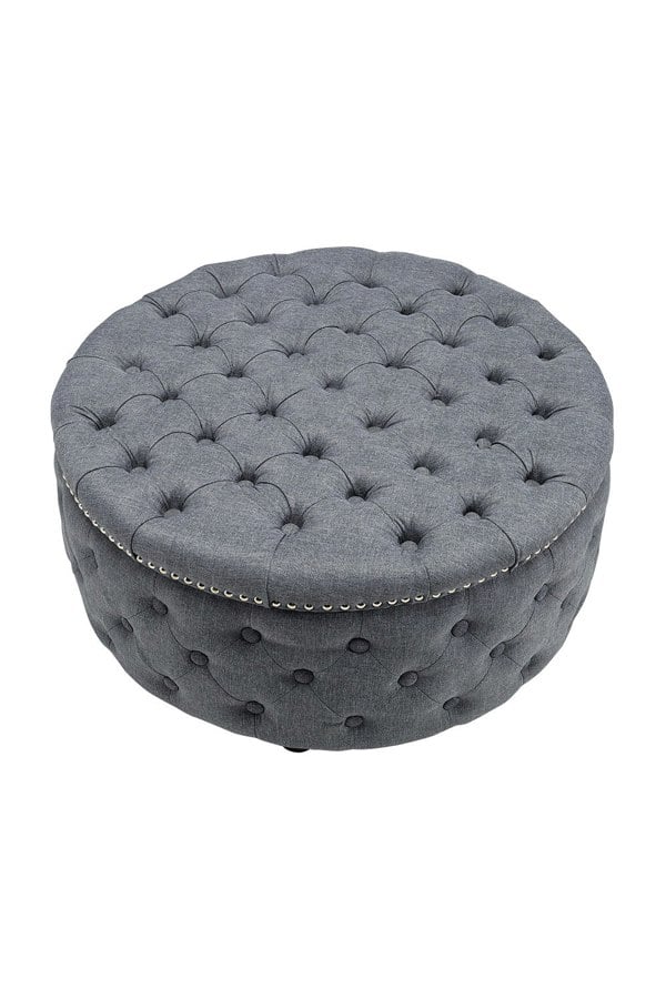 Living and Home Round Linen Deep Buttoned Footstool with Studded Edge