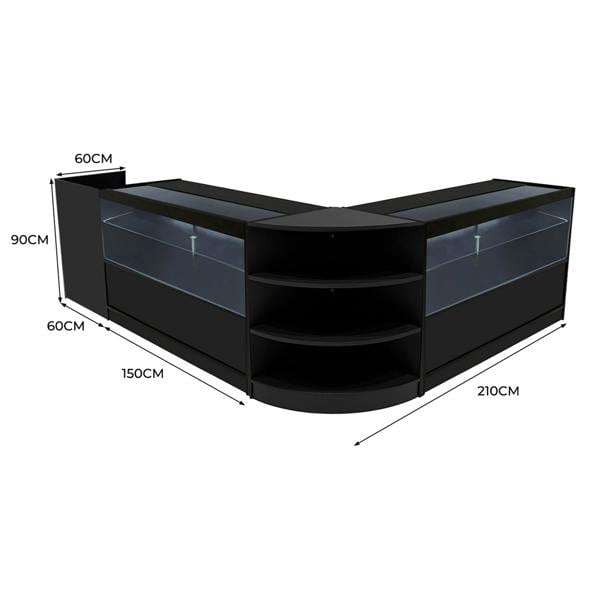 Black Eclipse LED shop counter set featuring sleek glass displays, curved design, and ample storage space, ideal for retail environments