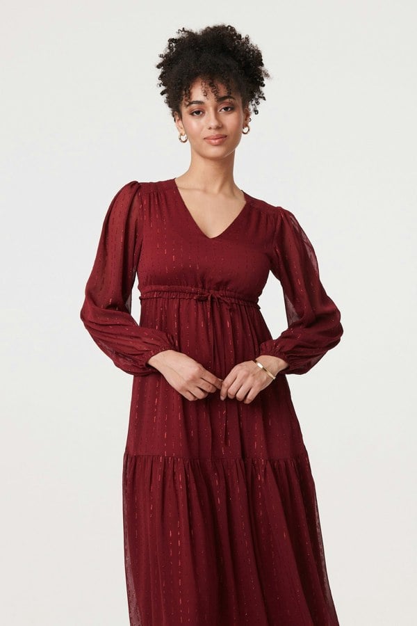 Red | Sparkly Semi Sheer Long Sleeve Midi Dress
