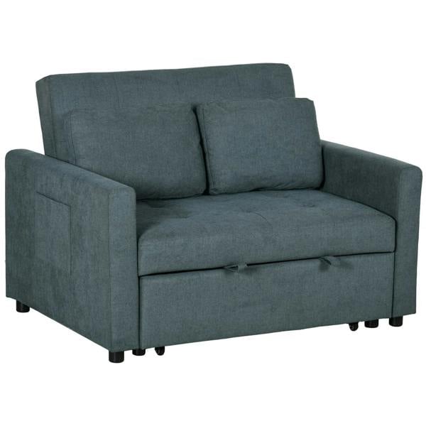 Charcoal grey loveseat sofa bed with two back cushions and padded armrests