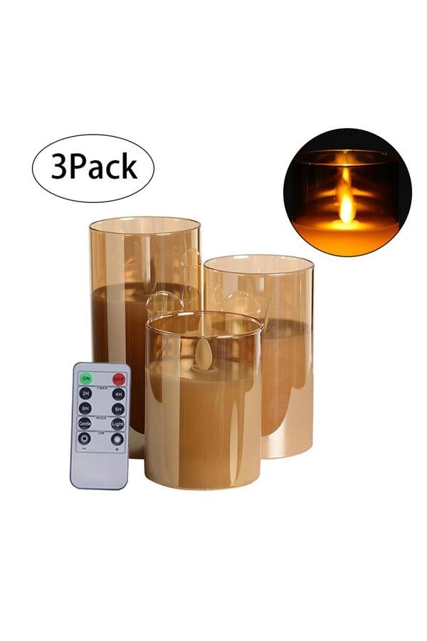 Living and Home 3Pcs Gold Glass Flameless LED Candles Realistic Swaying Flame Pillar Candles
