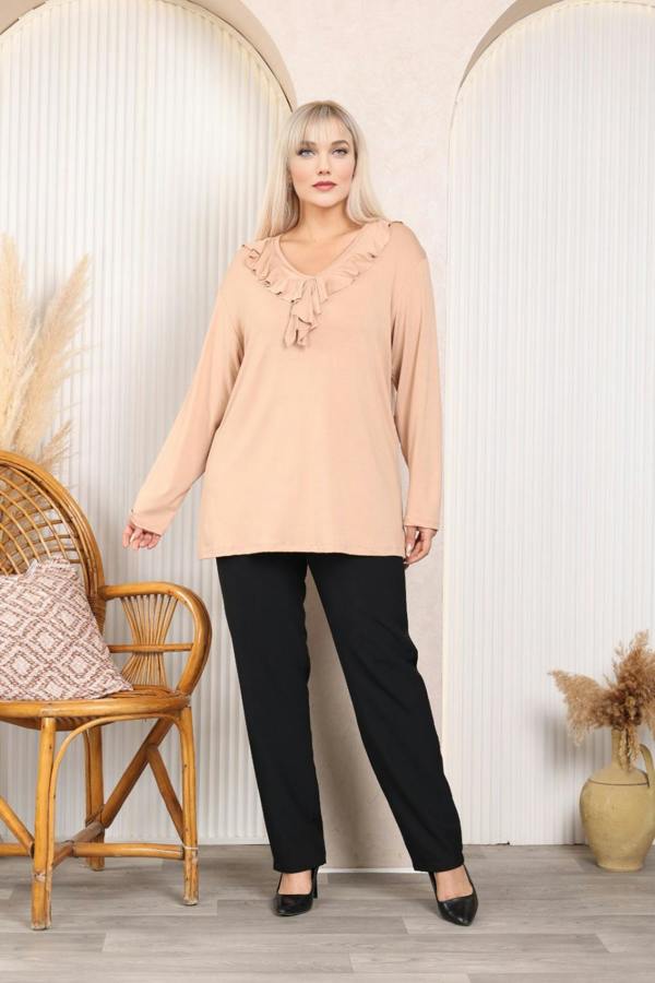 Hoxton Gal Relaxed Fit Long Sleeve Elegant Blouse with Ruffle Neckline
