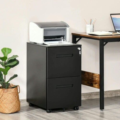 Bobobiy Metal Mobile File Cabinet with Wheels, Lockable 2 Drawer Filing Cabinet for A4, 39 x 48 x 67cm, Black