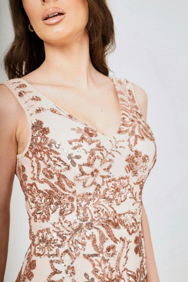 LuvForever Ember - Champagne Mesh Sequin Maxi Dress