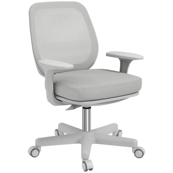Grey mesh back office chair with padded seat, armrests, swivel base and casters