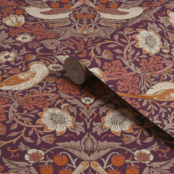 William Morris At Home Strawberry Thief Wallpaper | Plum