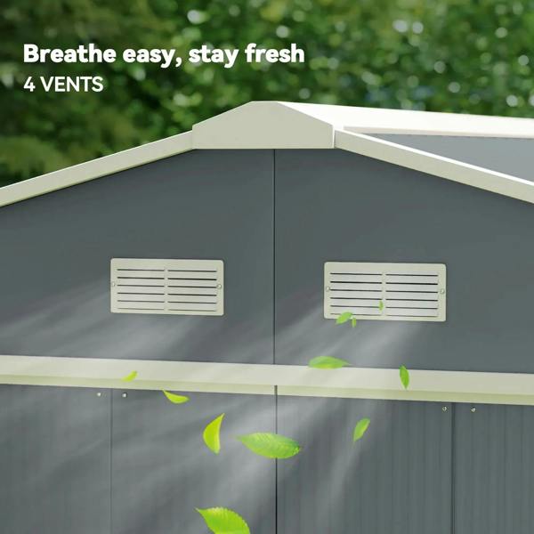 Grey metal shed side vents with four rectangular ventilation louvers near roof