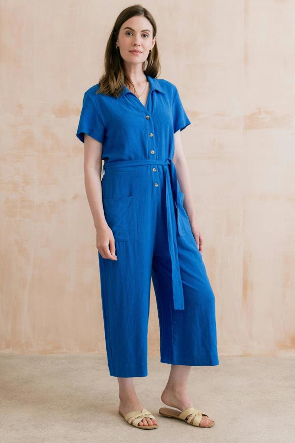Lily & Me Josie Linen Blend Cropped Jumpsuit Cobalt