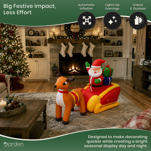 Garden Marketplace 1.8m Inflatable Santa & Reindeer Christmas Decoration with LED Lights Self Inflating Waterproof Outdoor Decor