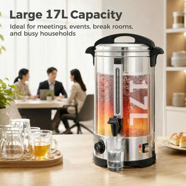 17L Catering Urn, 2500W Stainless Steel Hot Water Boiler Dispenser with Thermostat, Keep Warm Function and Easy Pour Tap
