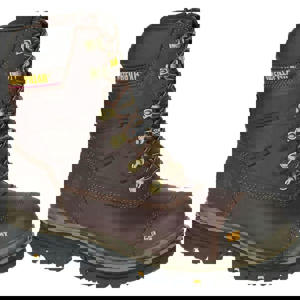 Caterpillar Premier 8 TX Mens Composite Toe/Midsole Water-Resistant Work Boots, rugged brown leather work boot with water-resistant material, steel toe protection, and slip-resistant sole.