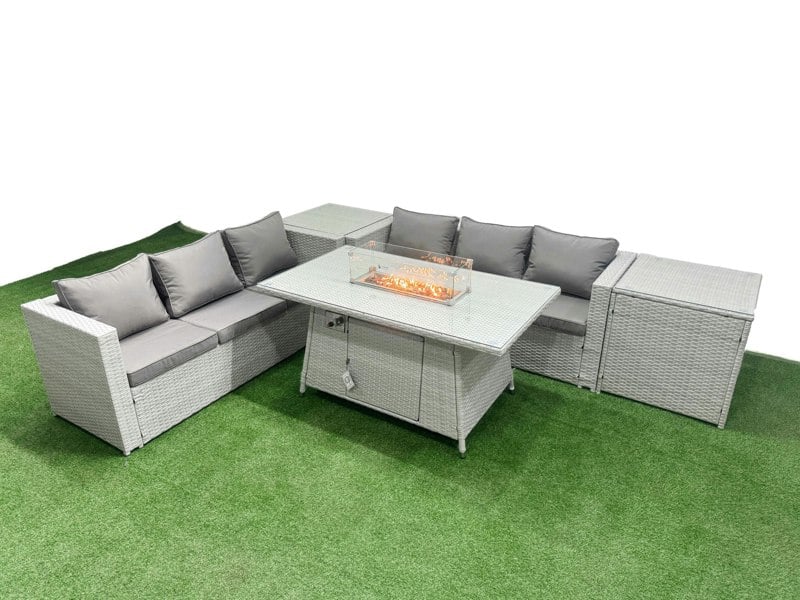 Fimous PE Rattan Lounge Sofa Set Outdoor Garden Furniture Set with Fire Pit Dining Table 3 Seater Sofa 2 Side Table Light Grey