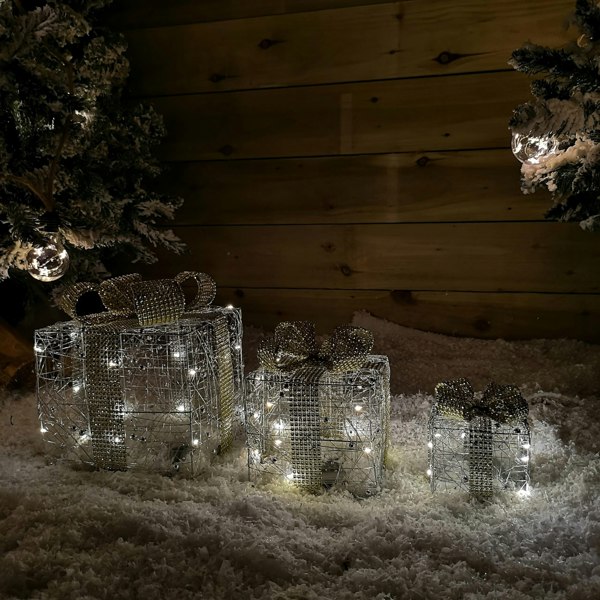 Samuel Alexander Set of 3 Battery Operated Gold Sparkly Christmas Gift Boxes with LEDs