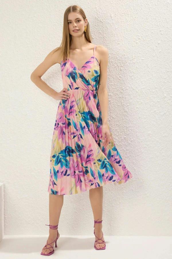 WOVCOR Printed Wrap V-Neck Adjustable Straps Pleated Midi Dress
